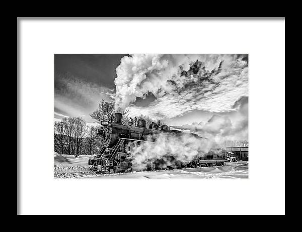 Canadian National Railway #7470 Framed Print featuring the photograph Steam in the Snow Black and White Version by Thomas Lavoie