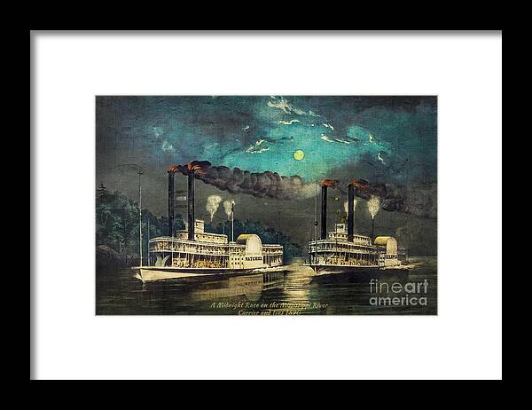 Steamboats Framed Print featuring the digital art Steamboat Racing on the Mississippi by Lianne Schneider