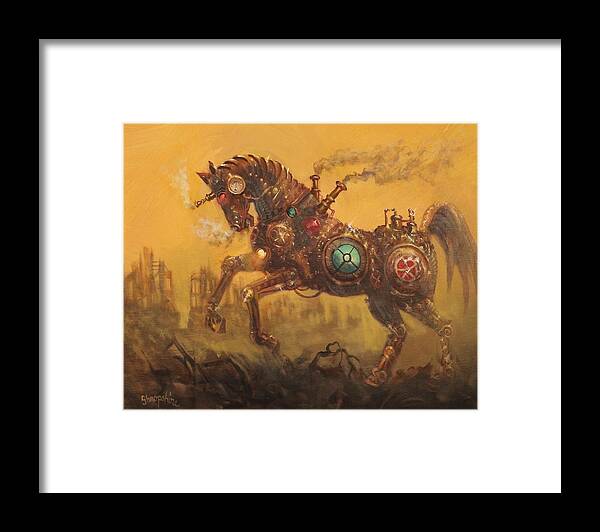Steampunk Framed Print featuring the painting Steampunk War Horse by Tom Shropshire