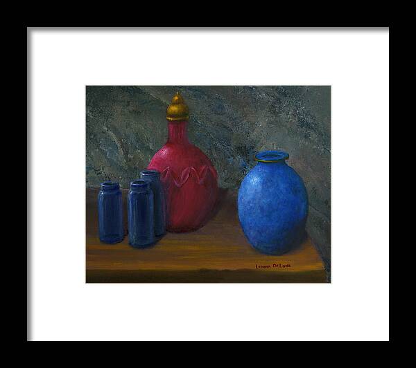Stone Framed Print featuring the painting Still Life Art Blue and Red Jugs and Bottles by Lenora De Lude