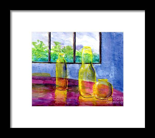 Yellow Framed Print featuring the painting Still Life Art Bright Yellow Bottles and Blue Wall by Lenora De Lude