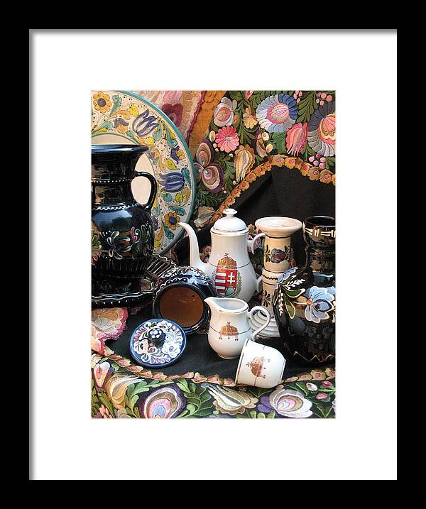 Hungarian Pottery Framed Print featuring the photograph Still life Hungarian embroidery pottery fine china Magyar Applied Arts by Andrea Lazar