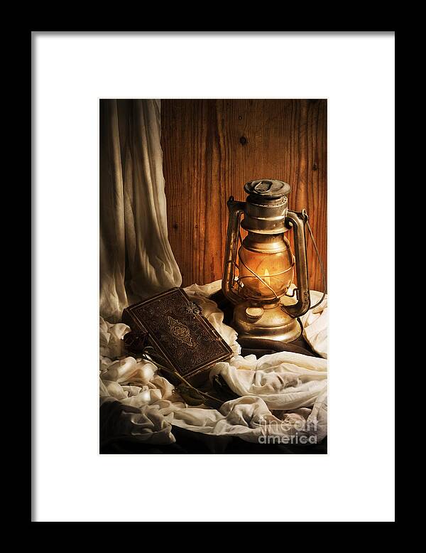 Still Framed Print featuring the photograph Still Life with Lantern and Old Book by Jelena Jovanovic