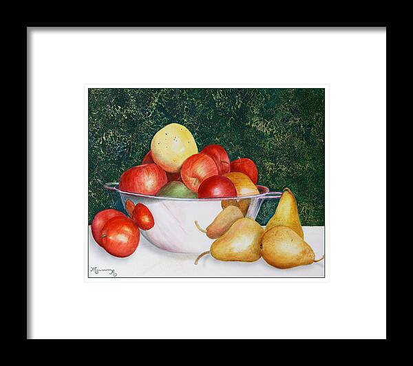 Apples Framed Print featuring the painting Still life With Apples and Pears by Mariarosa Rockefeller