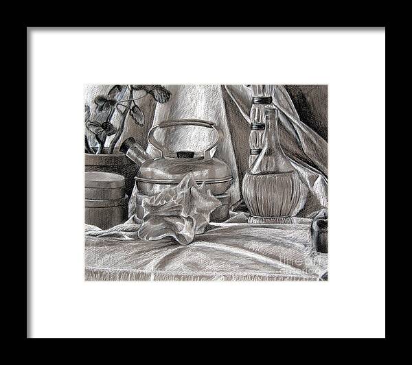Chianti Bottle Framed Print featuring the painting Still Life With Kettle and Wine Bottle by Michelle Bien