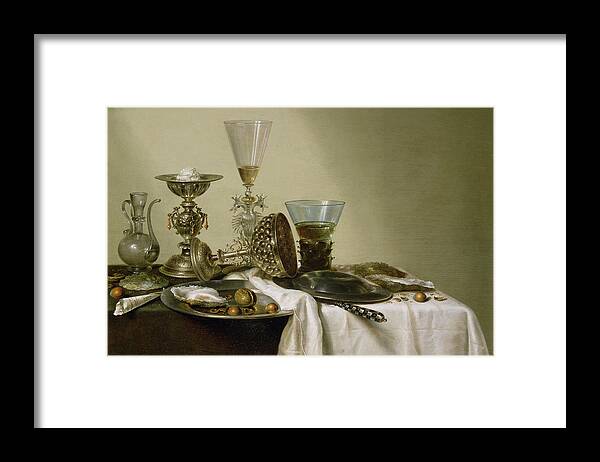 Condiment Bottle Framed Print featuring the photograph Still Life With Oysters And Nuts, 1637 Oil On Panel by Willem Claesz. Heda