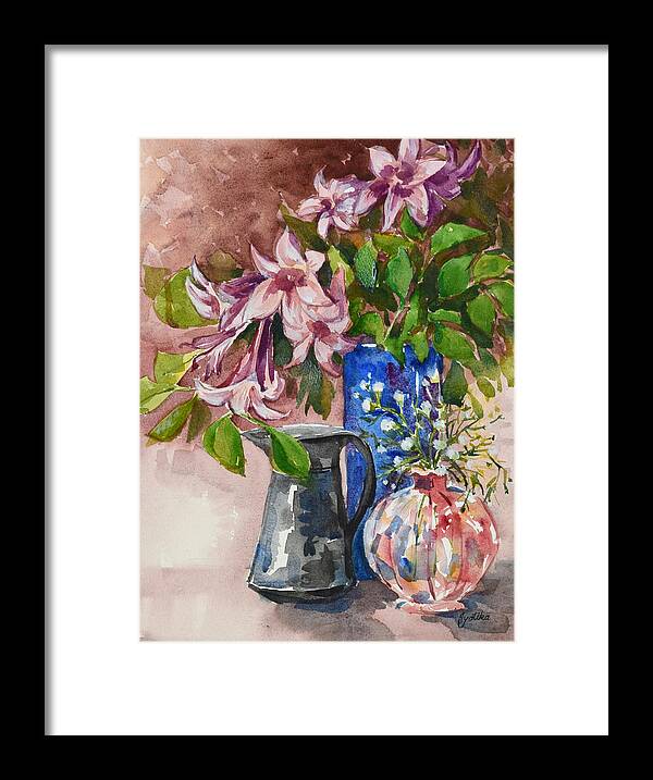 Pink Flowers Framed Print featuring the painting Asian Pink Lilies by Jyotika Shroff