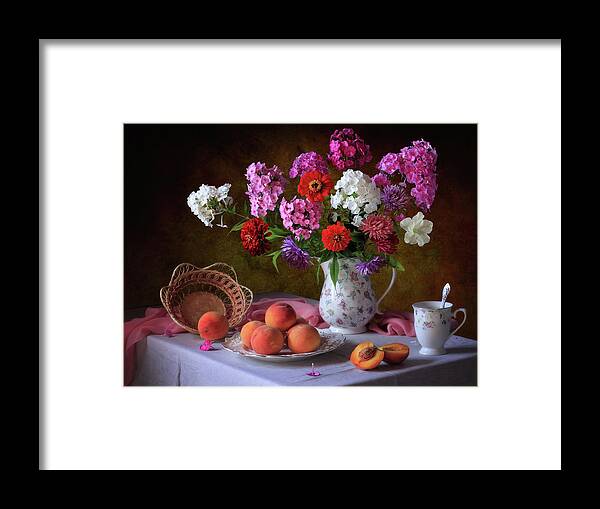 Flower Framed Print featuring the photograph Still Life With Summer Bouquet And Peaches by ??????????? ??????????