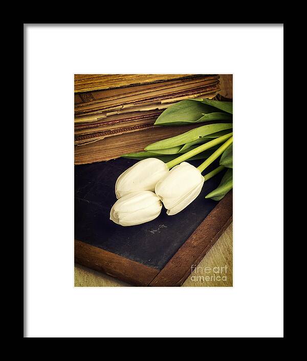 Memories Framed Print featuring the photograph Still life with white tulips old books school slate by Edward Fielding
