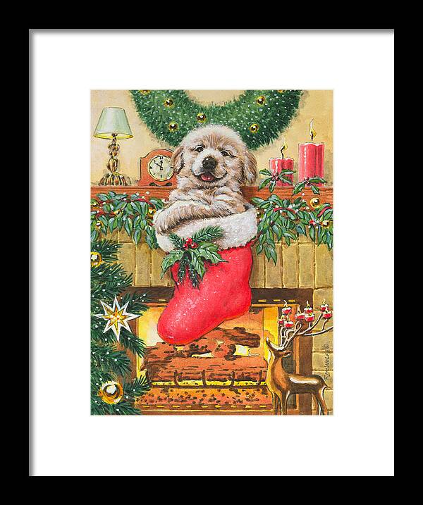 Puppy Framed Print featuring the painting Stocking Stuffer by Richard De Wolfe