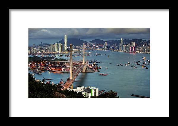 Built Structure Framed Print featuring the photograph Stonecutter Bridge, Hong Kong by William C. Y. Chu
