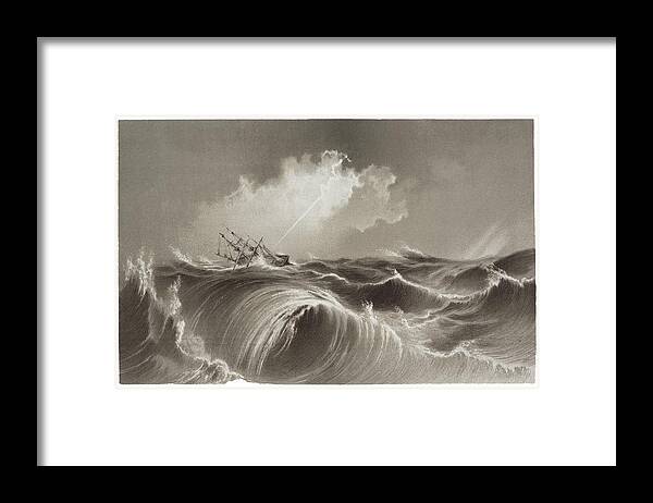 Ship Framed Print featuring the photograph Storm At Sea Engraving by David Parker/science Photo Library
