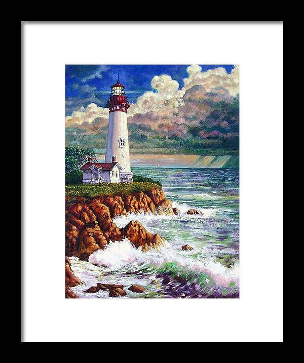 Lighthouse Framed Print featuring the painting Storm Rolling In two by John Lautermilch