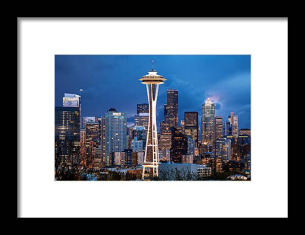 Outdoors Framed Print featuring the photograph Stormy Sky, Space Needle, Seattle, Washington, America by Joe Daniel Price