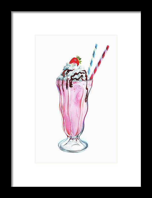 Chocolate Icing Framed Print featuring the painting Strawberry Milkshake With Whipped Cream by Ikon Ikon Images