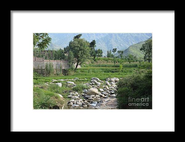 Mountains Framed Print featuring the photograph Stream trees house and mountains Swat Valley Pakistan by Imran Ahmed