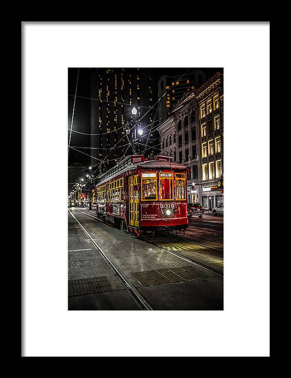America Framed Print featuring the photograph Street Car in New Orleans at Night by Chris Smith