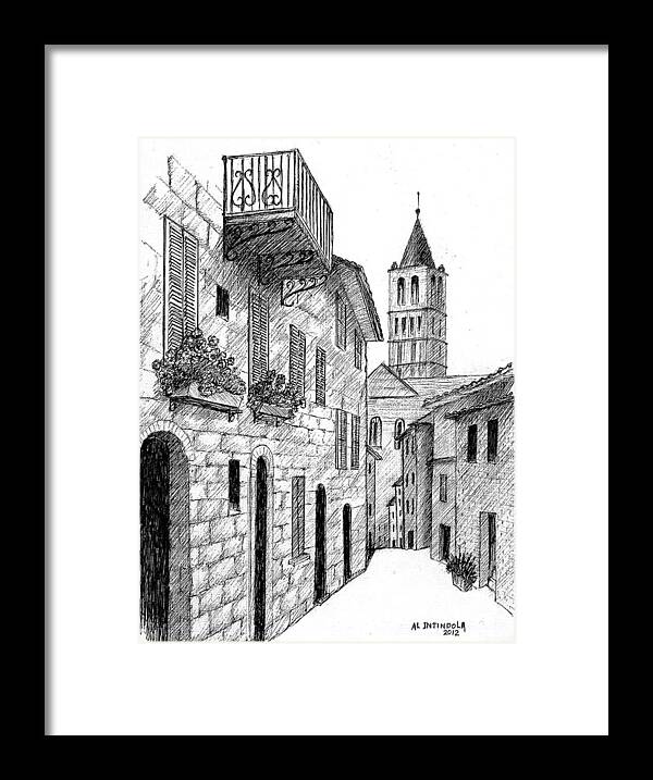 Assisi Street. Old Street Framed Print featuring the drawing Street in Assisi Italy by Al Intindola