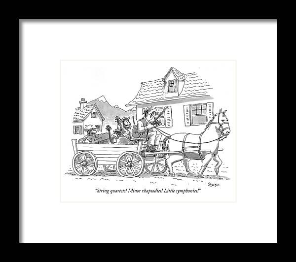 Peddlers Framed Print featuring the drawing String Quartets! Minor Rhapsodies! Little by Jack Ziegler