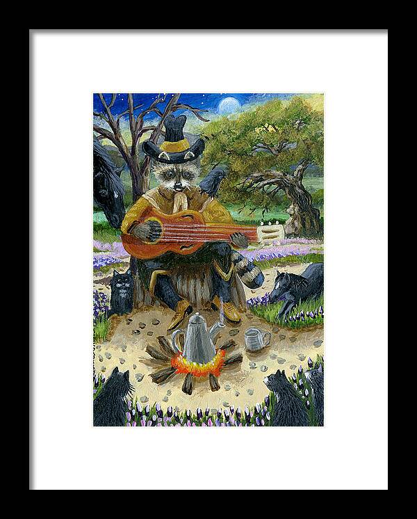 Raccoon Framed Print featuring the painting Strumming the Old Guitar by Jacquelin L Vanderwood Westerman