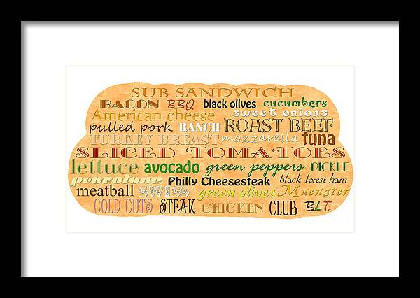 Food Framed Print featuring the digital art Sub Sandwich Typography by Andee Design