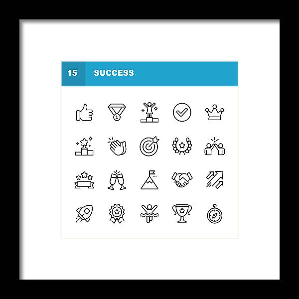 Crown Framed Print featuring the drawing Success and Awards Line Icons. Editable Stroke. Pixel Perfect. For Mobile and Web. Contains such icons as Winning, Teamwork, First Place, Celebration, Rocket. by Rambo182
