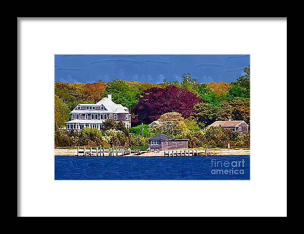 New England; Beach; Coastal; Shoreline; Summer Homes; Houses; Docks; Sea; Ocean; Marthas Vineyard; Trees; Nature; Natural; Kirt Tisdale Framed Print featuring the painting Summer at the Shore by Kirt Tisdale