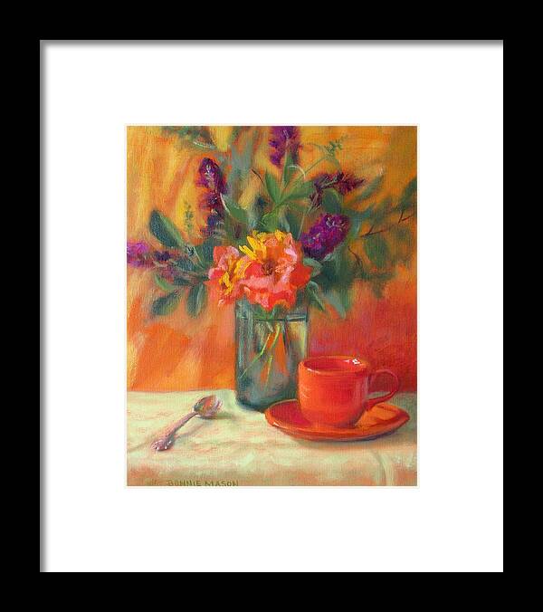 Oval Framed Print featuring the painting Summer Song- Orange Roses and Butterfly Bush Blooms by Bonnie Mason