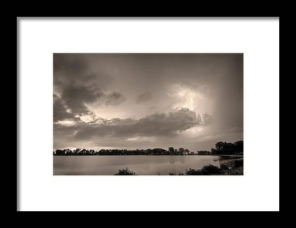 Lightning Framed Print featuring the photograph Summer Storm in Black and White Sepia by James BO Insogna
