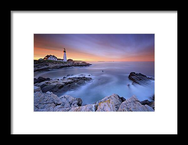 Tranquility Framed Print featuring the photograph Summer Sunset At The Portland Head Light by Katherine Gendreau Photography