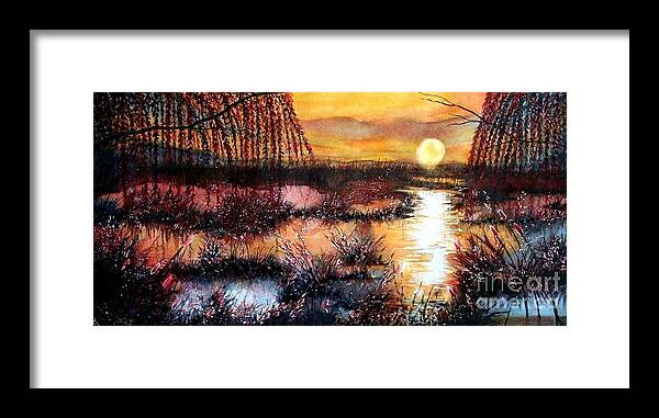 Marsh Framed Print featuring the painting Sun sets on the marsh by Janine Riley