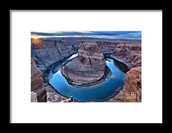 Horseshoe Bend Framed Print featuring the photograph Sunburst Over Horseshoe Bend by Adam Jewell