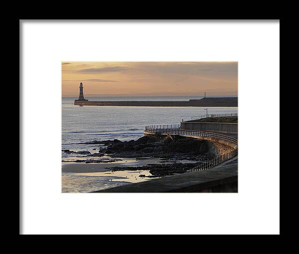Sunrise On Roker Lighthouse In Sunderland Framed Print featuring the photograph Sunderland Sunrise by Julia Wilcox