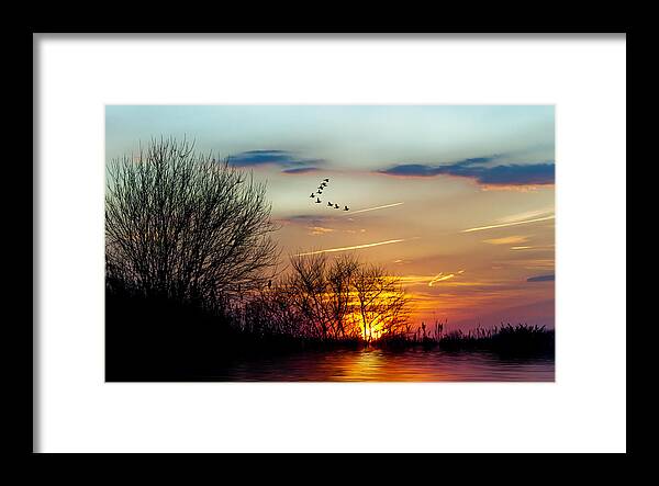 Sunset Framed Print featuring the photograph Sundown and Birds by Cathy Kovarik