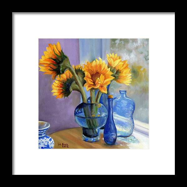 Still Life Framed Print featuring the painting Sunflowers and Blue Bottles by Marlene Book