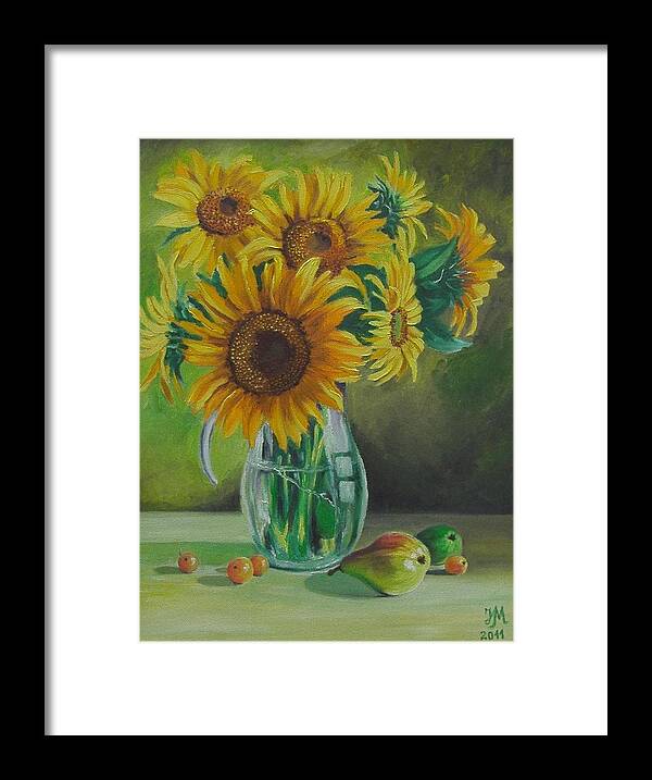Sunflowers Framed Print featuring the painting Sunflowers in glass jug by Nina Mitkova