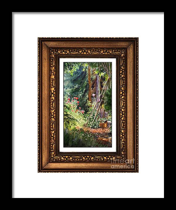 Garden Framed Print featuring the painting Sunny Garden In Vintage Frame by Irina Sztukowski
