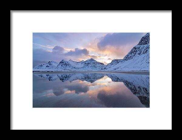 Sunrise Framed Print featuring the photograph Sunrise And Mountains Reflected In Sand by Justinreznick