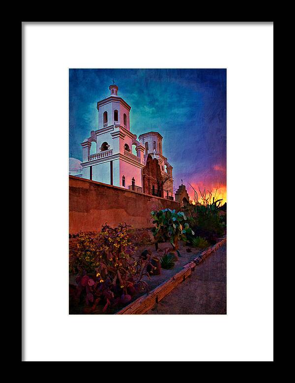 Mission San Xavier Del Bac Framed Print featuring the photograph Sunrise at Mission San Xavier del Bac by Priscilla Burgers