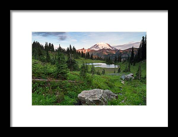 Abies Lasiocarpa Framed Print featuring the photograph Sunrise at Mount Rainier and Upper Tipsoo Lake by Michael Russell