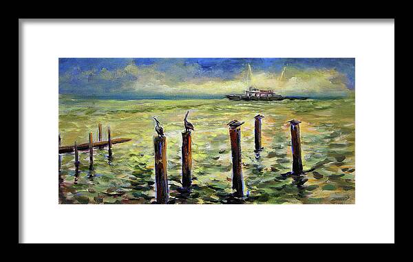 Originals Framed Print featuring the painting Sunrise at the inlet by Julianne Felton 2-24-14 by Julianne Felton