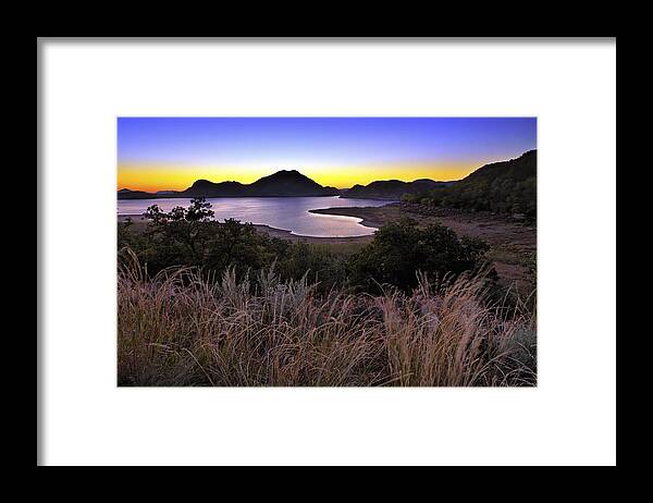 Quartz Mountains Framed Print featuring the photograph Sunrise behind the Quartz Mountains - Oklahoma - Lake Altus by Jason Politte