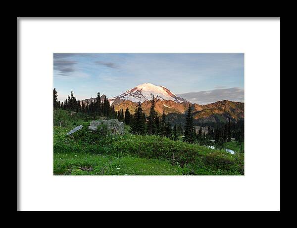 Abies Lasiocarpa Framed Print featuring the photograph Sunrise Light on Mount Rainier by Michael Russell