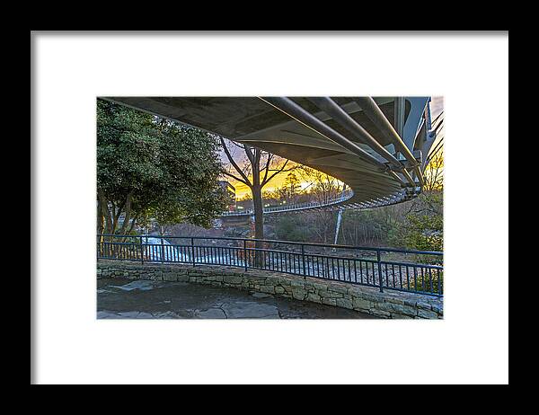 Upstate Sc Framed Print featuring the photograph Sunrise Under Liberty Bridge at Falls Park Greenville SC by Willie Harper