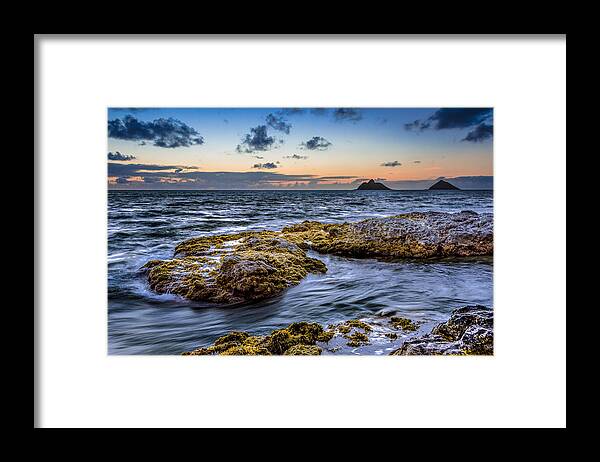 Kailua Framed Print featuring the photograph Sunrise with the Mokulua also know as Mokes Island by Tin Lung Chao