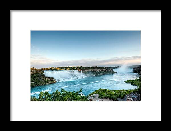 Niagara Falls City Framed Print featuring the photograph Sunset American and Canadian Falls at Niagara by Marek Poplawski