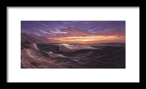 Oceans Framed Print featuring the painting Sunset at Big Sur by Del Malonee