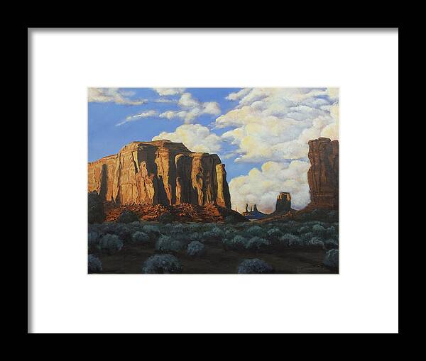 Landscape Framed Print featuring the painting Sunset at the Window Monument Valley by Timithy L Gordon
