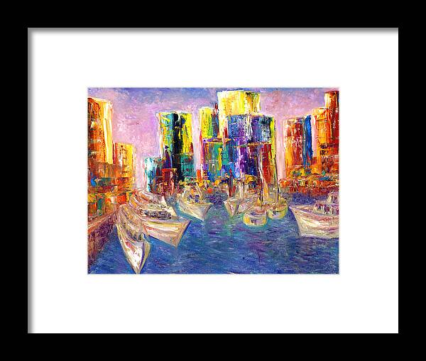  Framed Print featuring the painting Sunset In A Harbor by Helen Kagan
