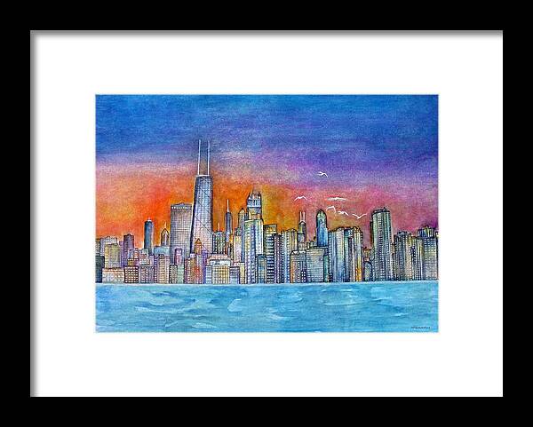 Chicago Framed Print featuring the painting Chi Town Sunset by Janet Immordino